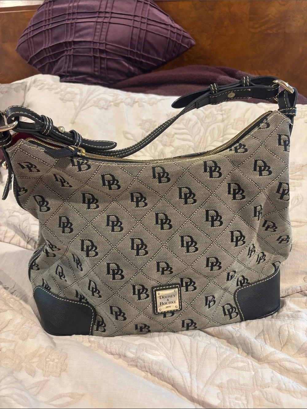 Dooney & Bourke Beige Monogram Hobo with Black Trim